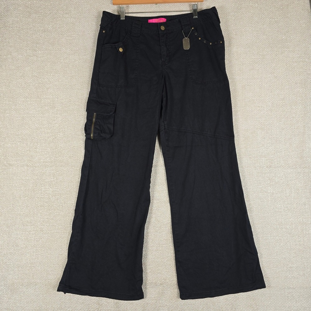 Thalia‎ Sodi Black Cargo Pants Womens 15/16 Wide Leg Studded Utility Y2K
